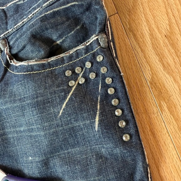 Laguna Beach Jean Co Dark Blue Flare Jeans Embroidered Skull Button USA 42x36
